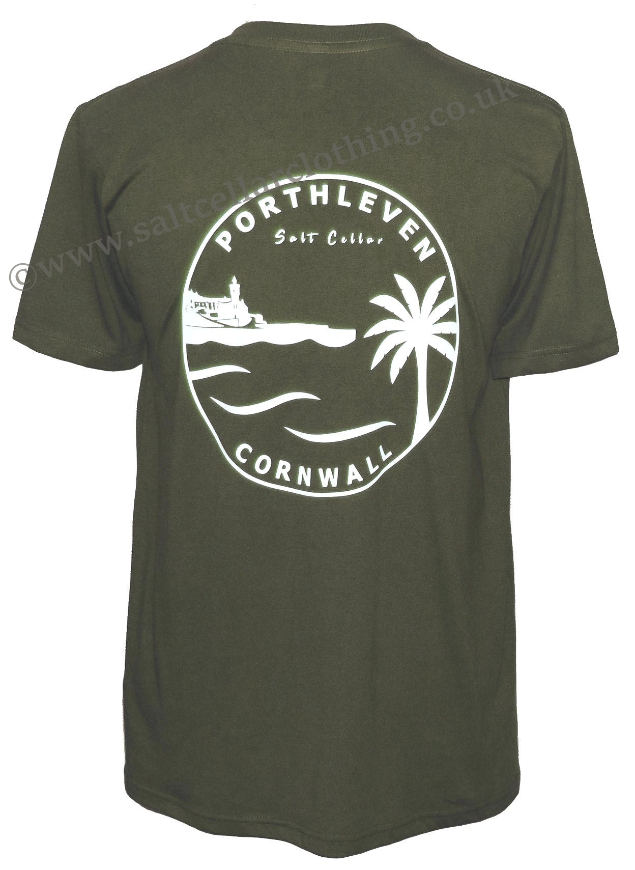 Olive green Porthleven print shirt men featuring a coastal design with palm tree and sea motifs