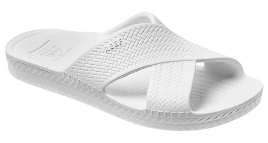 Front view of Reef womens Slide Sandals White with cushioned sole and textured crossover straps