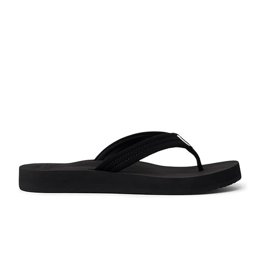 Side view of a womens Reef Cushion Breeze flip flop in plain black