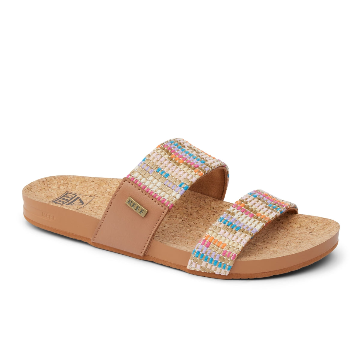 Reef womens cushion sandals with colorful woven straps and cushioned tan footbed for comfort