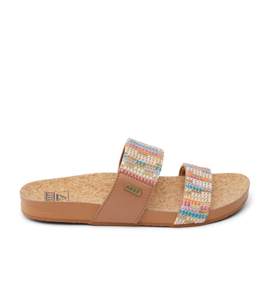 Reef womens cushion sandals with multicolor woven straps and cushioned cork footbed