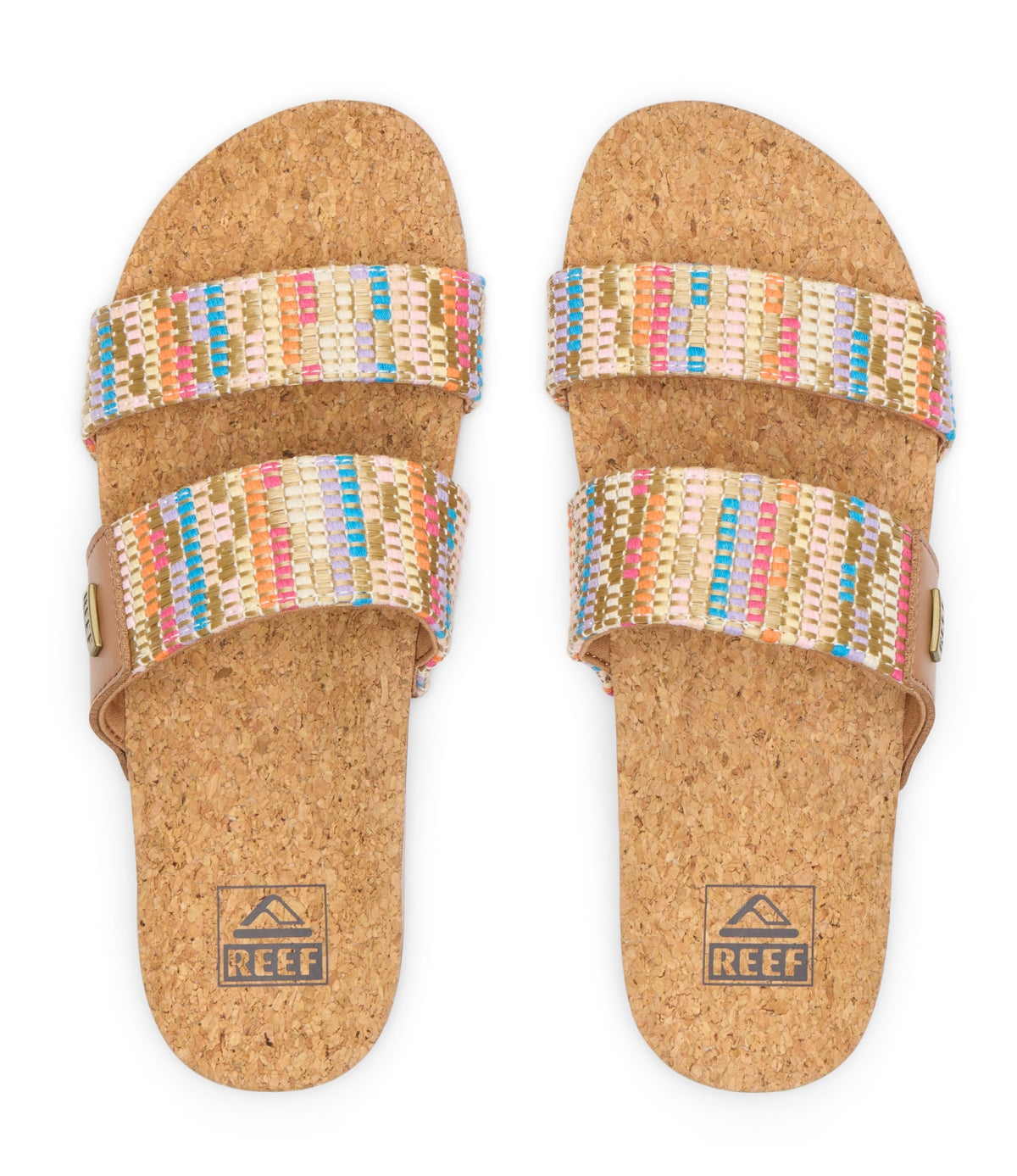 Reef womens cushion sandals with colorful woven straps and cork footbed for comfort