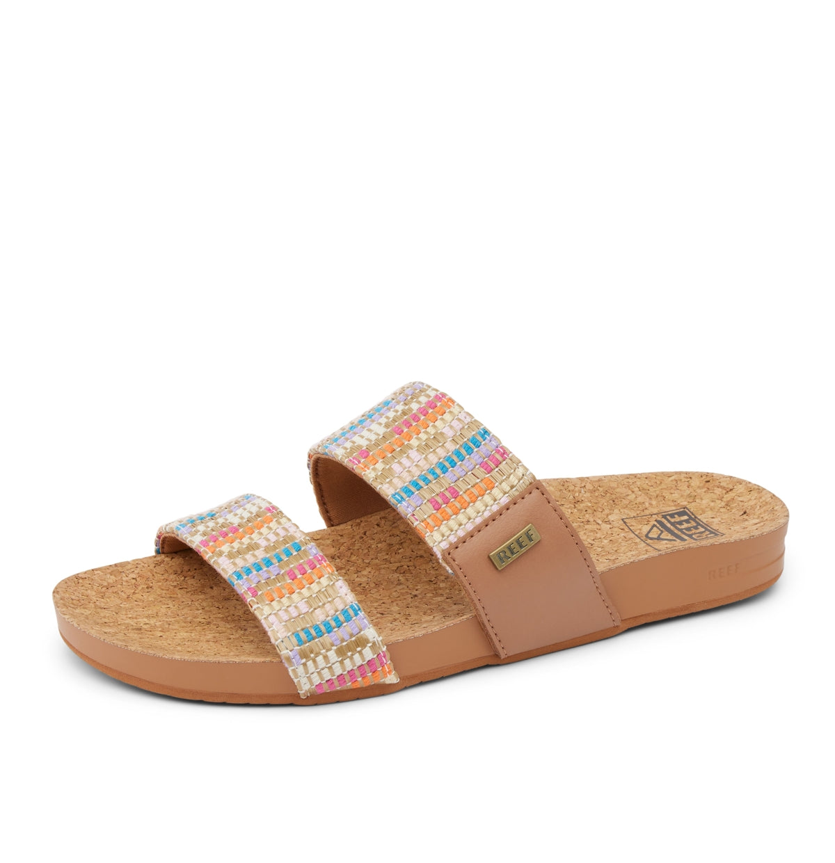 Reef womens cushion sandals with multicolor woven straps and cork footbed for comfort