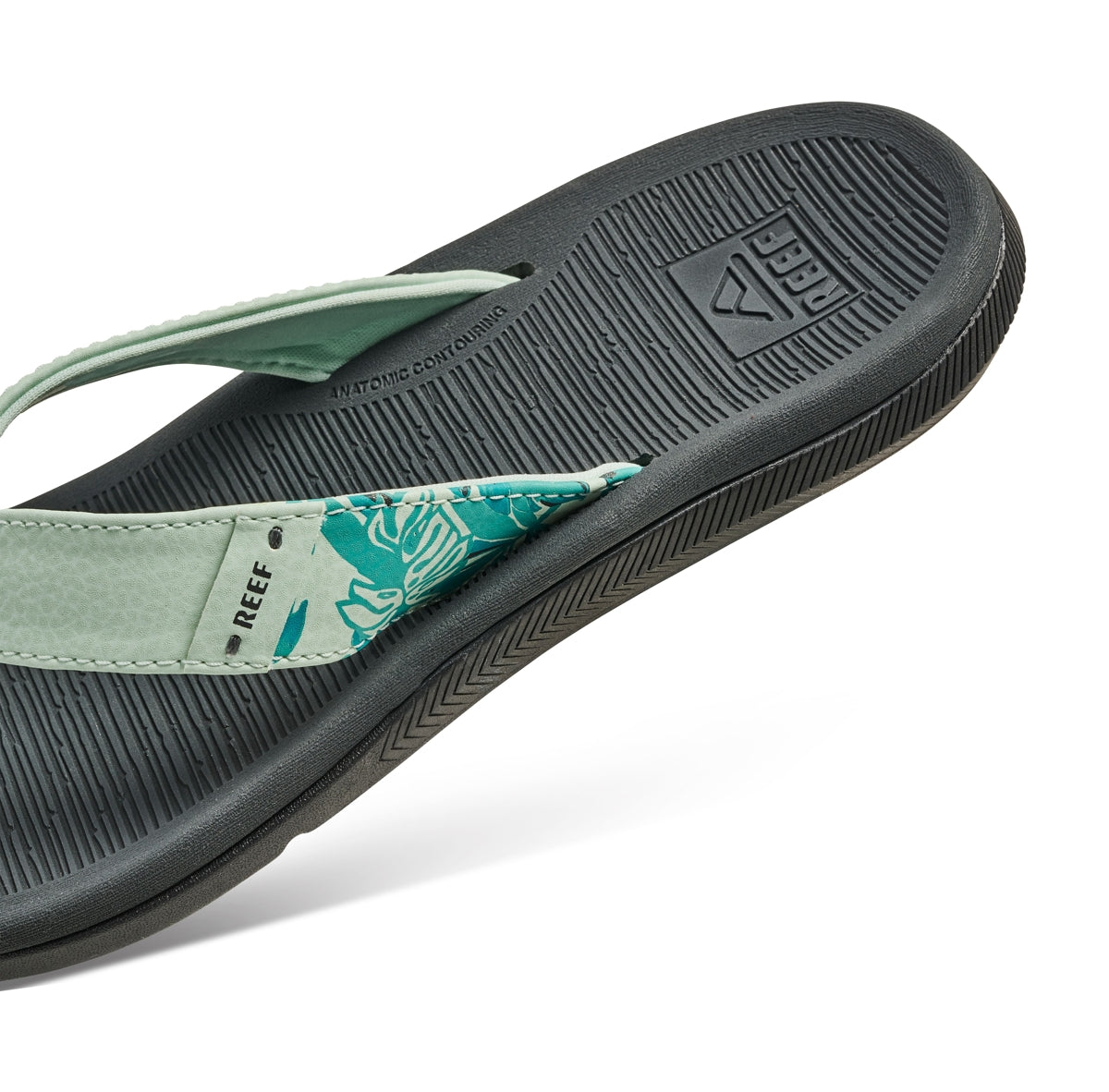 Reef womens Santa Ana flip flops in grey and mint green with floral print strap and textured sole