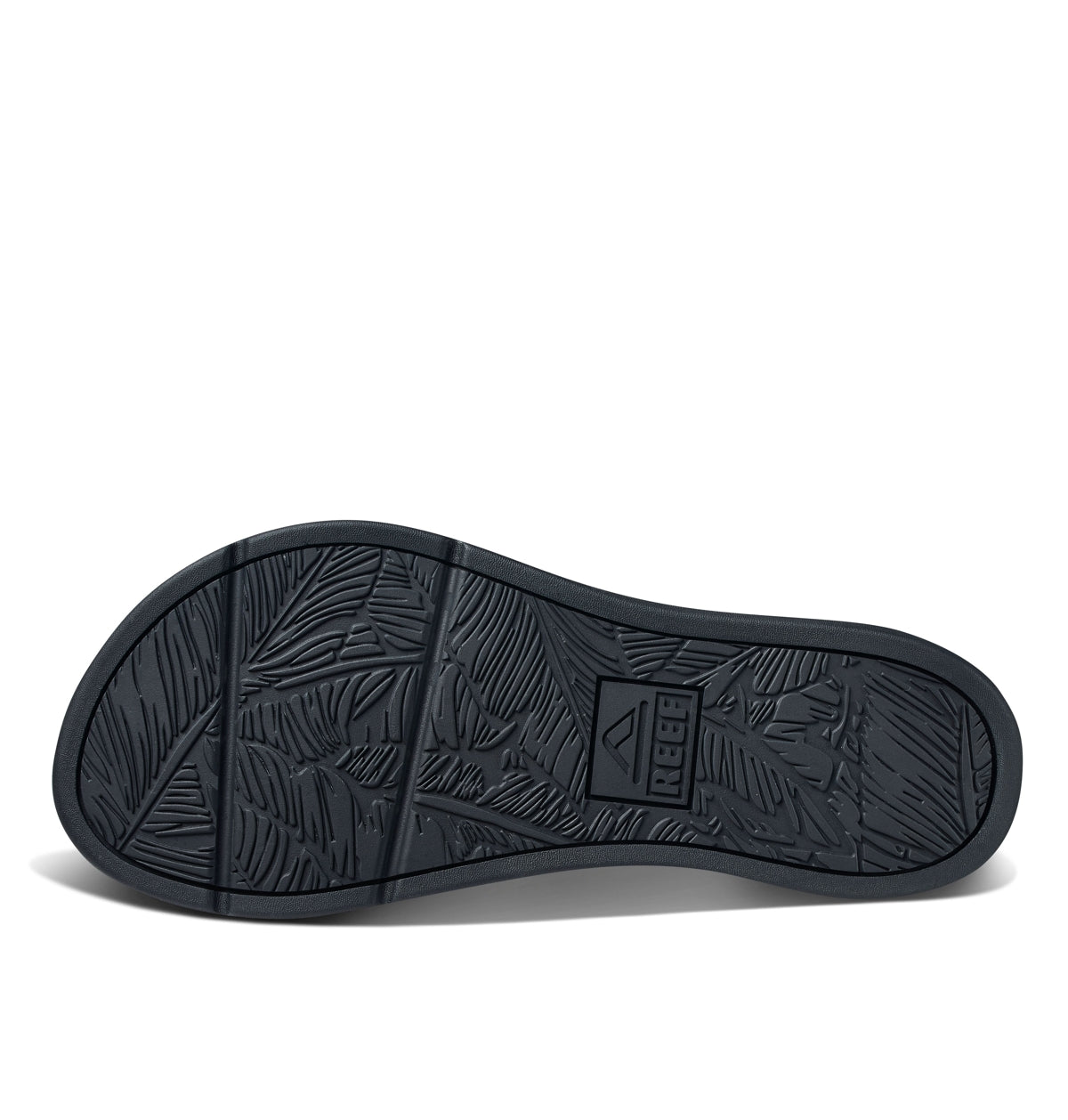 Grey sole of Reef womens Santa Ana flip flops with textured leaf pattern and logo