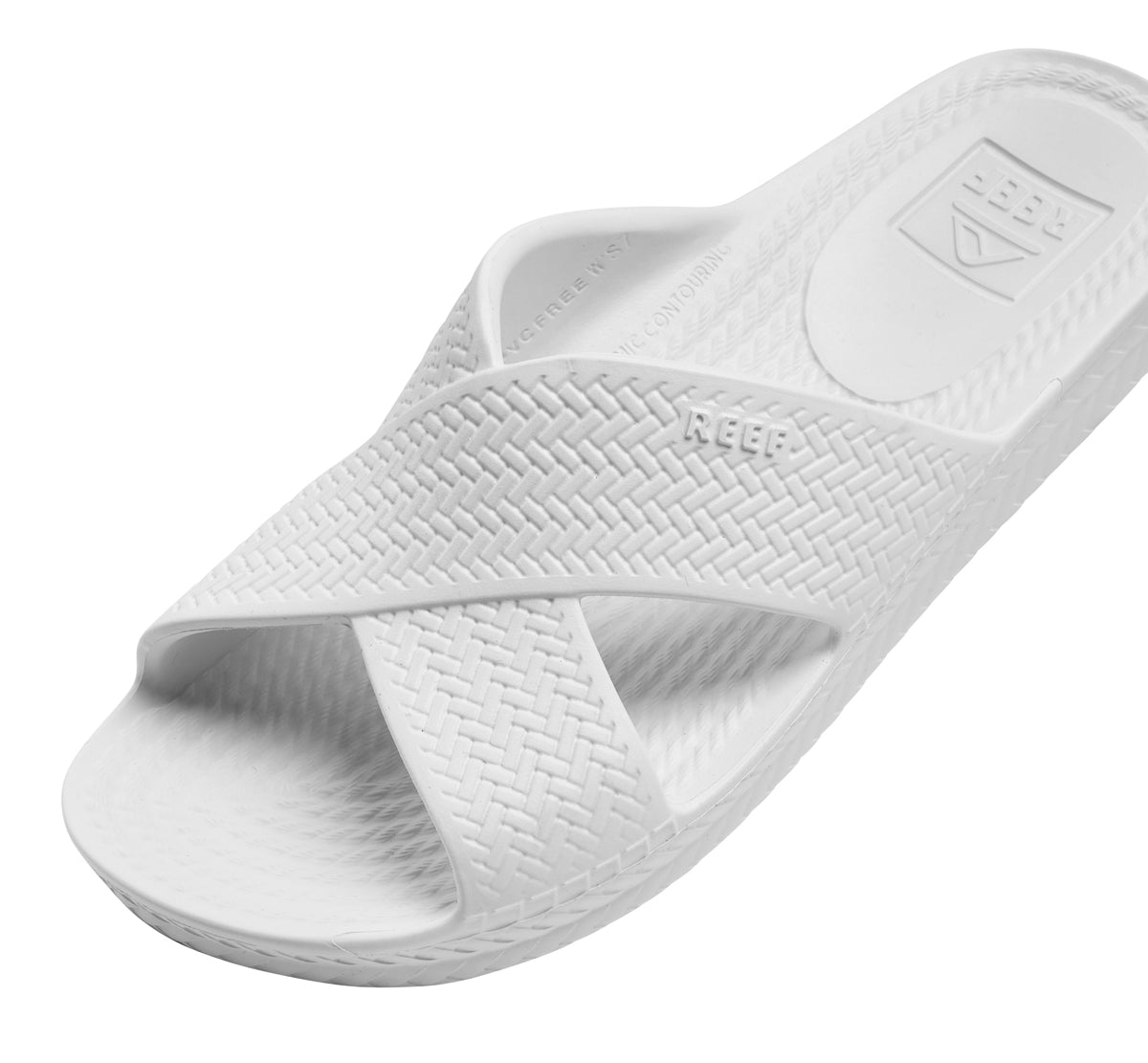 Reef Womens Slide Sandals White with textured crisscross straps and cushioned footbed