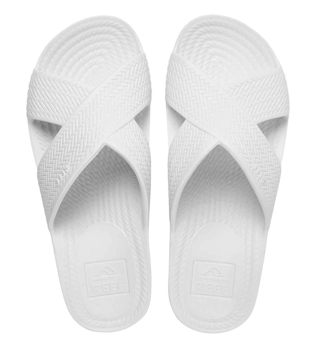 Reef Womens Slide Sandals White featuring crisscross straps and textured footbed for comfort