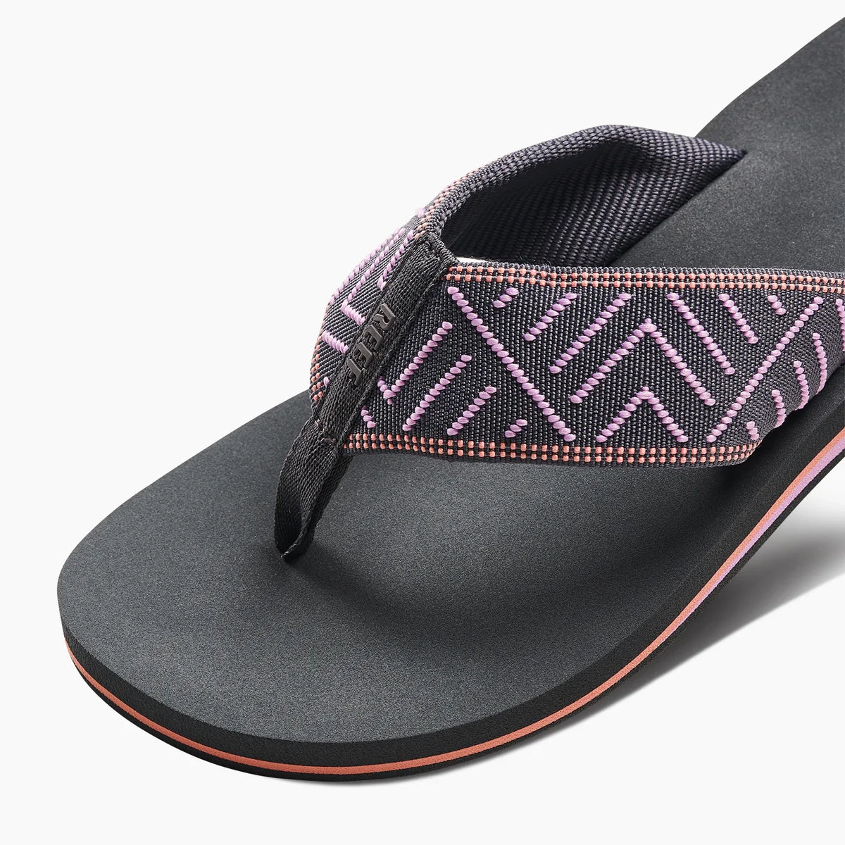 Reef womens spring woven grey flop flops with patterned fabric straps and cushioned footbed