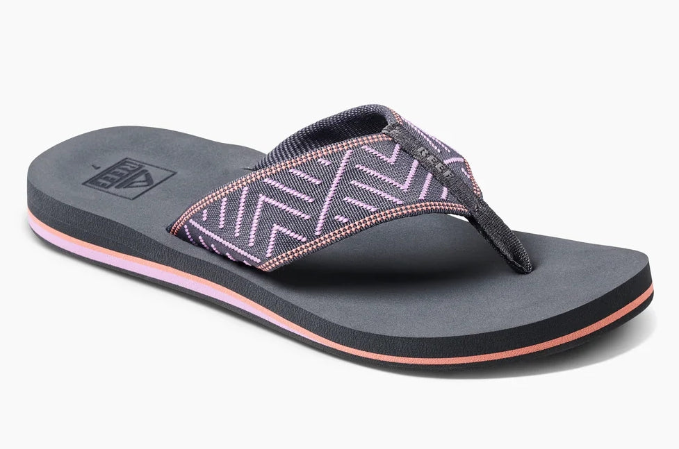 Front view of Reef womens spring woven grey flop flops with cushioned sole and patterned fabric strap