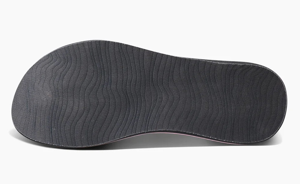 Bottom view of Reef womens spring woven grey flop flops showing textured sole for grip