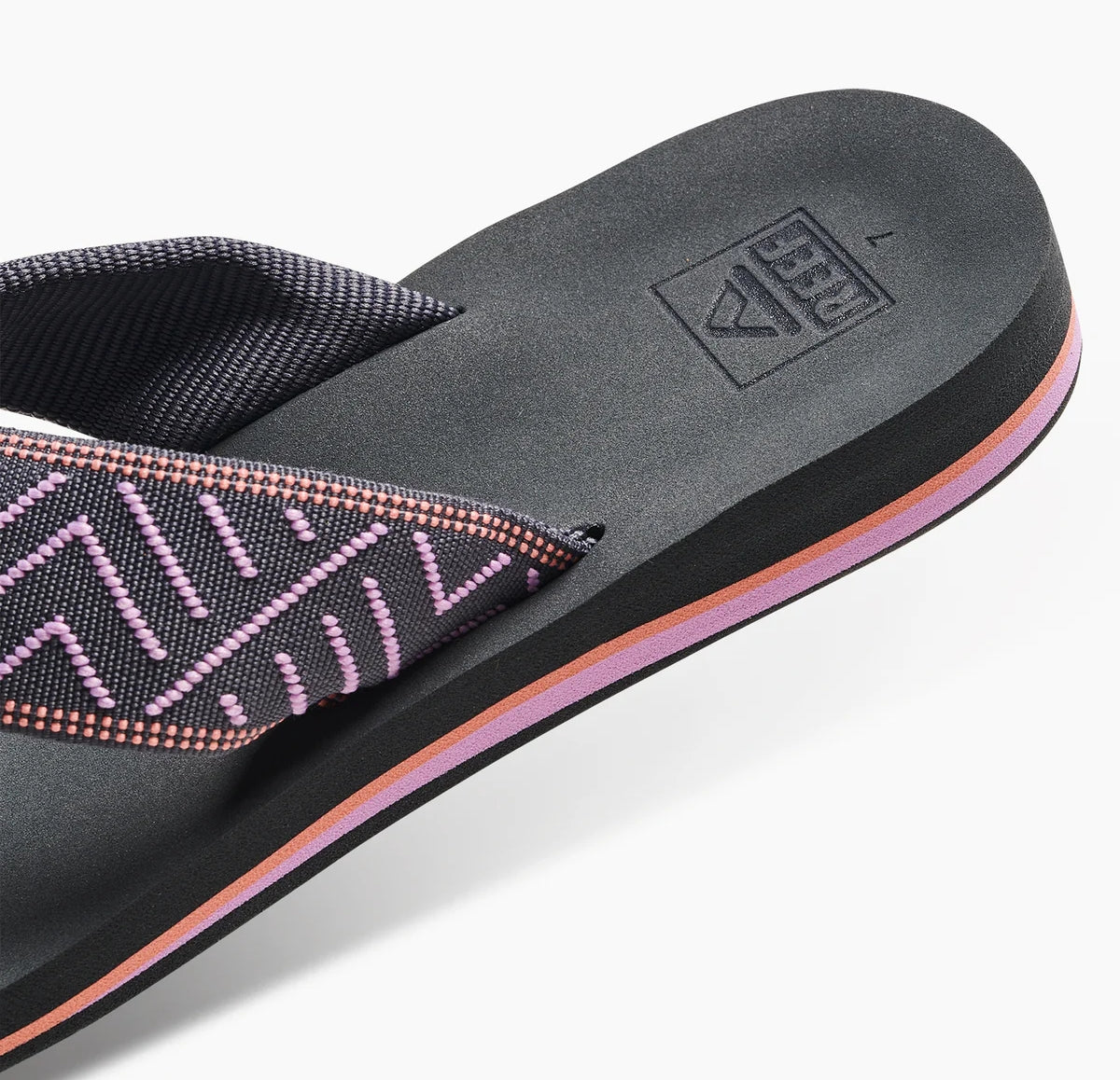 Reef womens spring woven grey flop flops with cushioned sole and patterned fabric straps