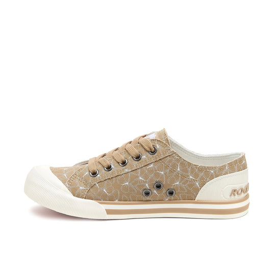 Side view of women's Rocket Dog Jazzin Mariposa canvas trainers in tan brown with butterfly print and side vent holes