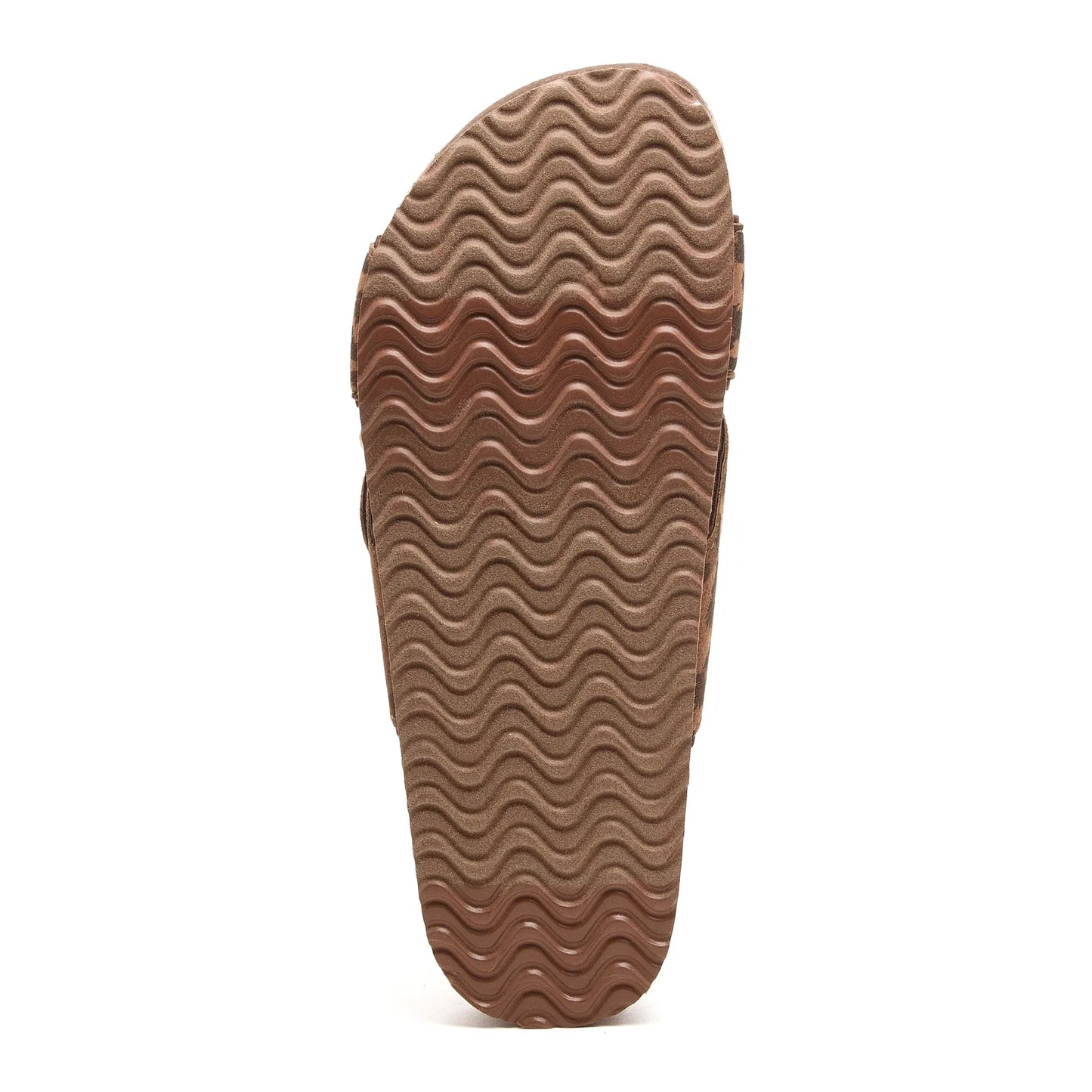 Bottom sole view of womens Rocket Dog slip-on Annie sandals, with leopard print cross-over straps.