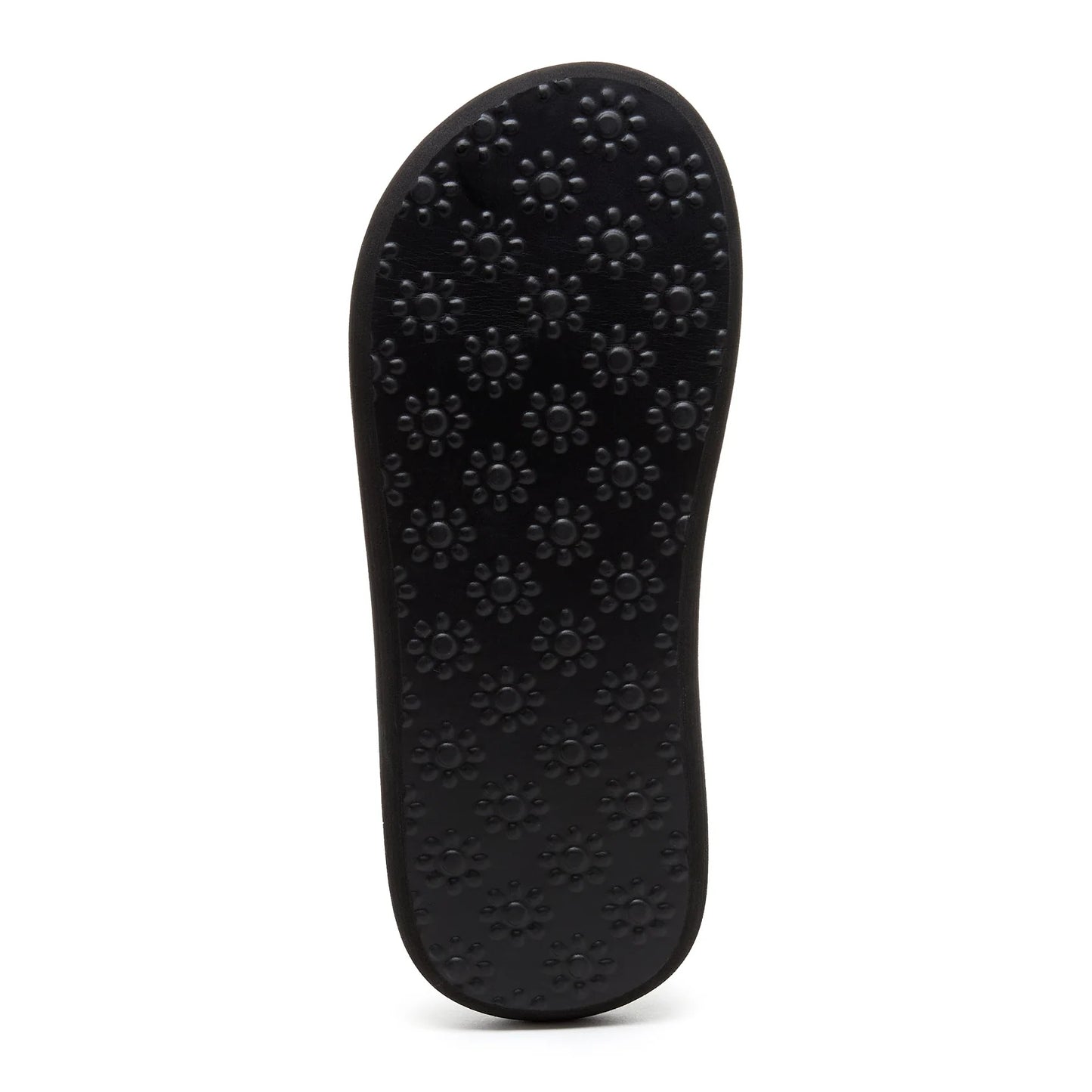 Bottom outsole view of a womens Rocket Dog Spotlight Monroe flip flop in black with a flower print grip pattern.