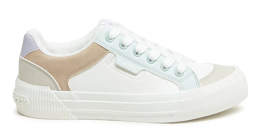 Women's Rocket Dog Cheery colour block trainers in white with mint, beige and lavender pastel shades.