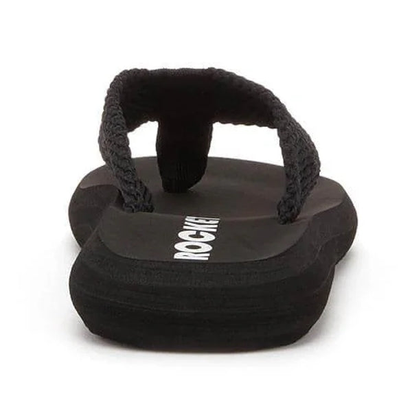 Rocket Dog women's webbing strap Sunset flip flops in Black with fabric toepost.