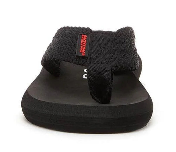 Women's Rocket Dog Sunset webbing flip flops in Black with a Pink logo.