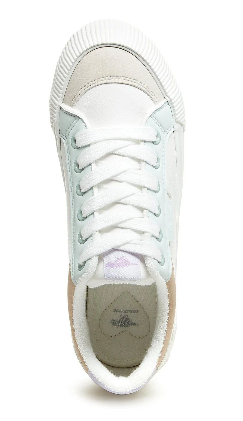Lace up women's Cherry colour block trainers from Rocket Dog in white, mint, beige and lavender with white laces.