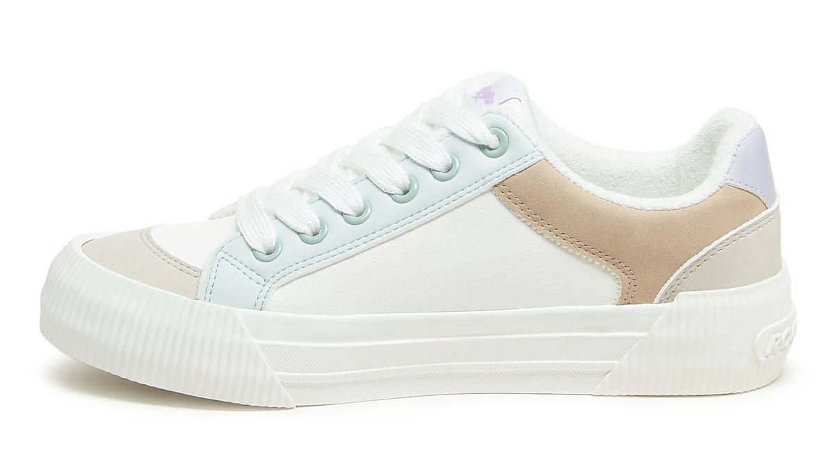 White, mint, beige and lavender colour block womens trainers from Rocket Dog.