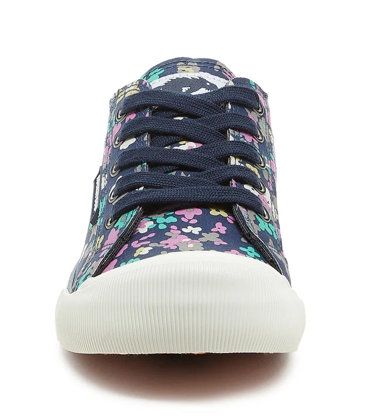 Women's Rocket Dog navy blue trainers with navy laces, multicoloured floral pattern and white soles.