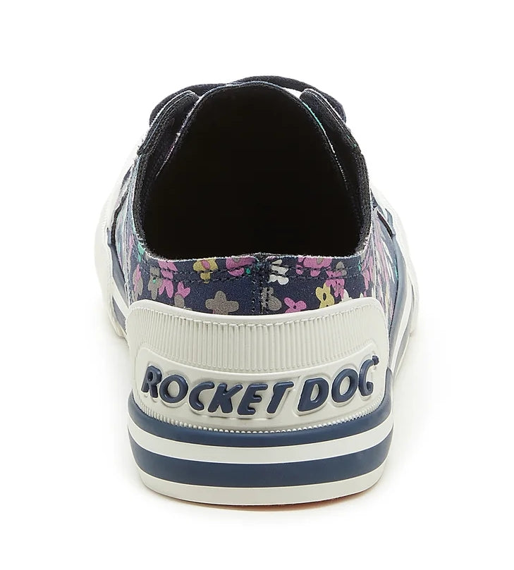 Women's Jazzin navy cotton trainers from Rocket Dog with multicoloured floral pattern and back sole logo.