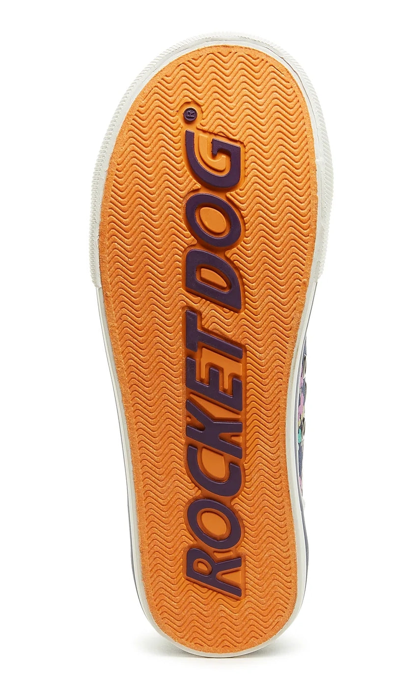 Rocket Dog women's cotton trainers with orange logo print soles.