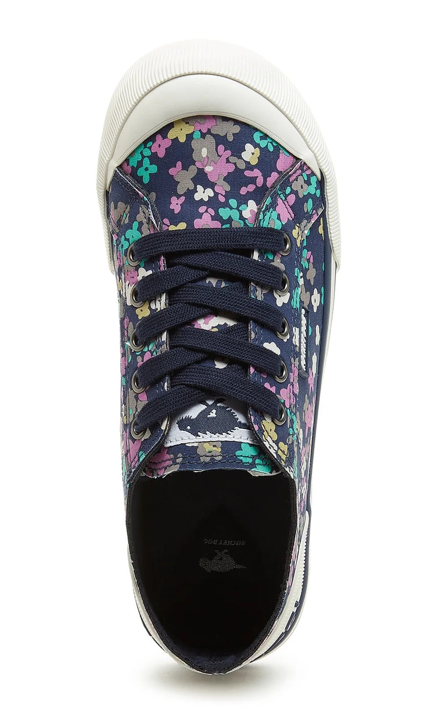 Lace up women's Jazzin navy cotton trainers with multicoloured floral pattern and navy laces.