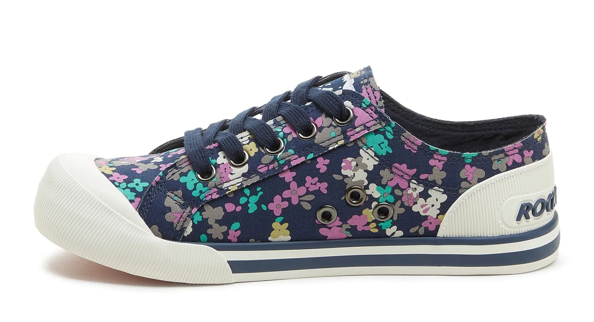 Womens navy lace up Jazzin floral cotton canvas trainers from Rocket Dog.
