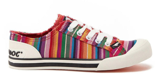 Women's Rocket Dog Jazzin red with multicoloured stripe cotton trainers.
