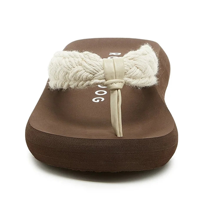 Rocket Dog women's woven strap Sunset Cord flip flops in brown with a cream / natural strap and toepost.