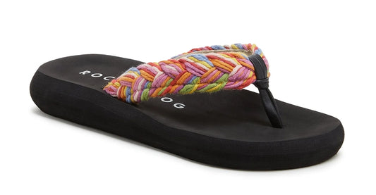 Women's Rocket Dog woven Sunset Cord flip flops in black with a multicoloured Rainbow strap.