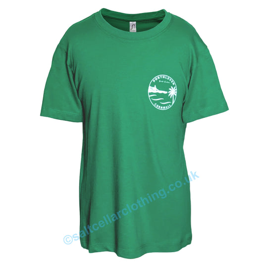 Green short sleeve kids t-shirt with a white Porthleven, Cornwall logo on a white background