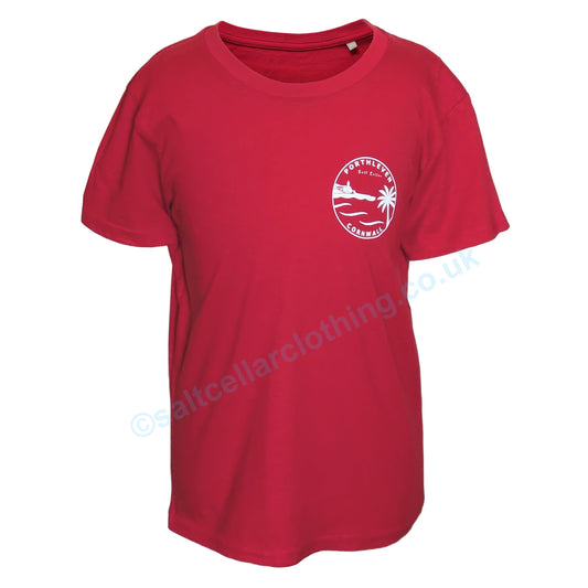 Red kids Salt Cellar Porthleven print t-shirt with a white logo on a white background