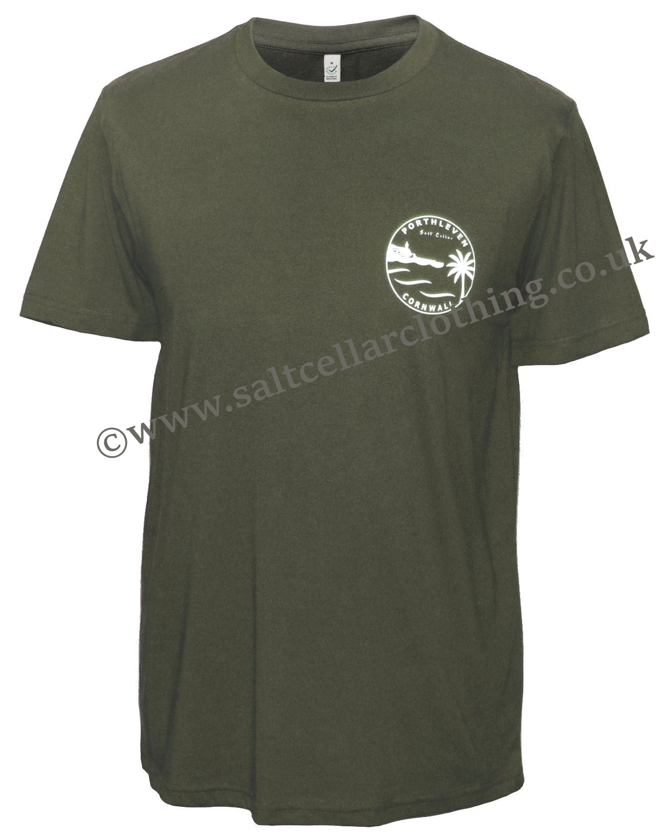Olive green Porthleven print shirt men with a casual graphic design on the front