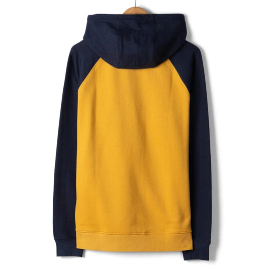 Back view of a mens Saltrock Pitcher raglan pop hoodie in yellow and navy blue on a white background