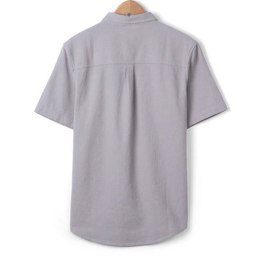 Back view of a men's Saltrock short sleeve Polperro button shirt in grey with a waffle texture