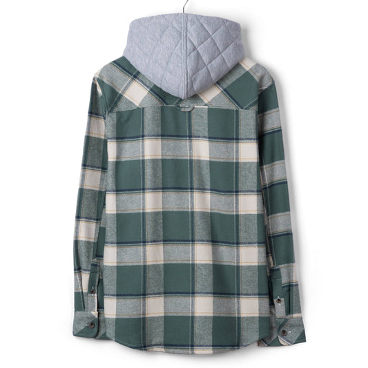 Back view of a mens Saltrock Strait long sleeve check shirt in dark teal green with chest pockets and a detachable grey hood.