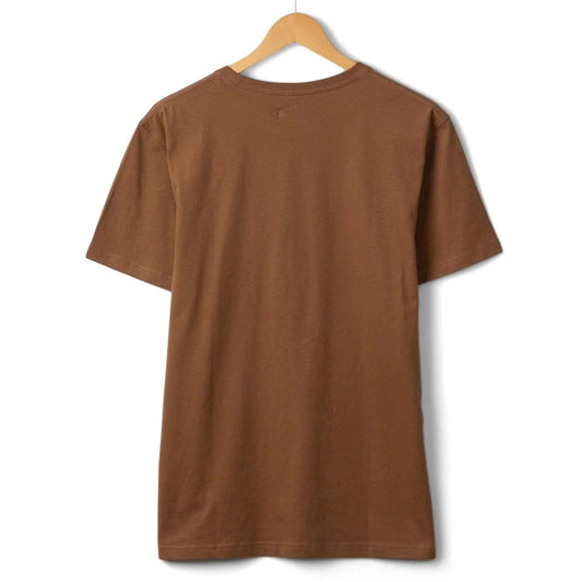 Back view of a mens Saltrock short sleeve t-shirt in brown with a Trail Bus print design on the front