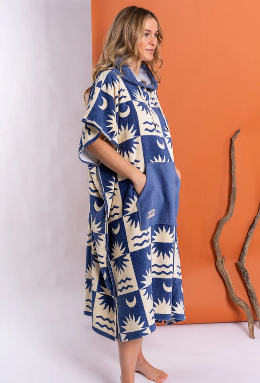 Saltrock changing towel robe blue with sun and wave patterns worn by woman for beach changing