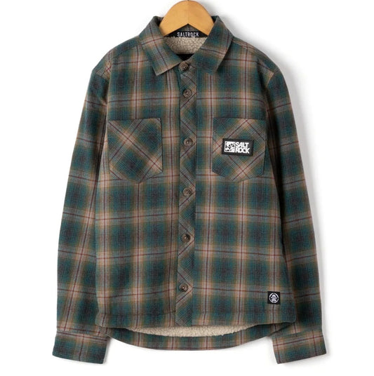 Saltrock kids Wiley check shirt shacket in Dark Teal on a hanger with visible brand logo against a white background