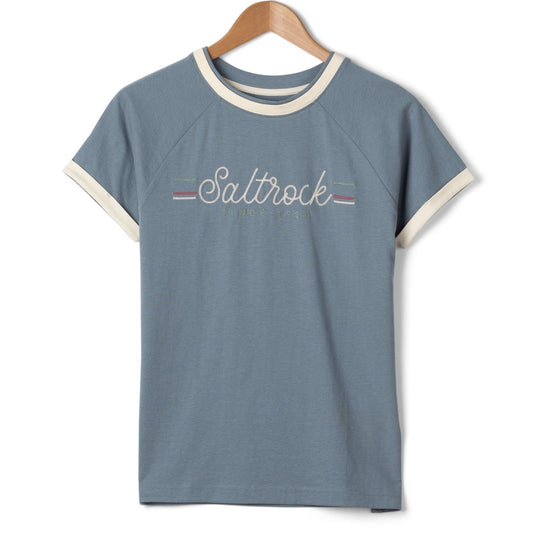 Front view of a blue womens t-shirt with 'Saltrock' Links logo on a hanger against a white background