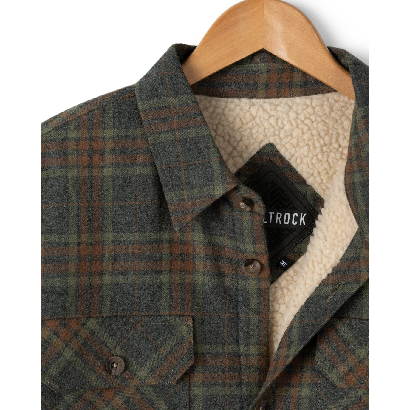 Saltrock mens grey check Woody jacket with sherpa lining on a hanger.