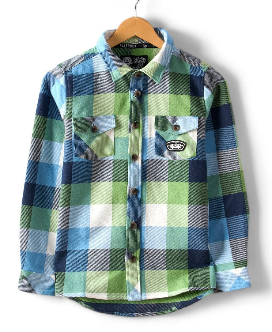 Saltrock kids check shirt in blue green and white plaid with button pockets and collar