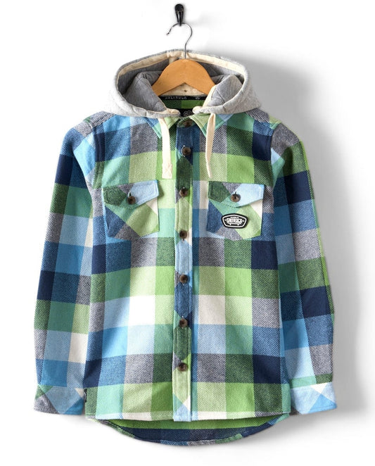 Saltrock kids check shirt with blue green check pattern and attached grey hood