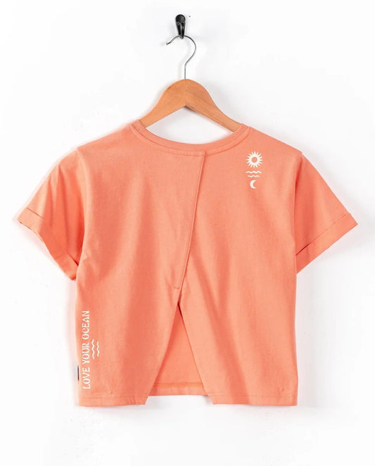 Saltrock kids coral tee with sun and moon graphic and love your ocean text on back