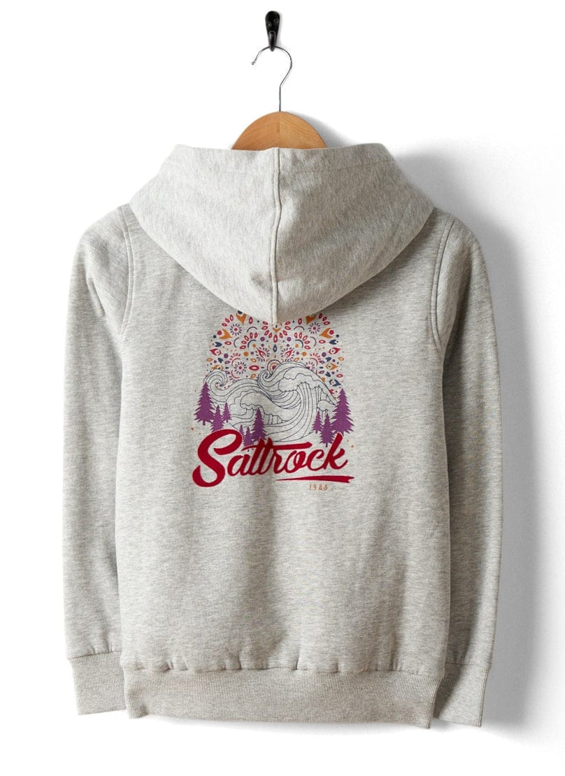 Saltrock kids fur lined hoodie in gray with colorful graphic design and logo on the back