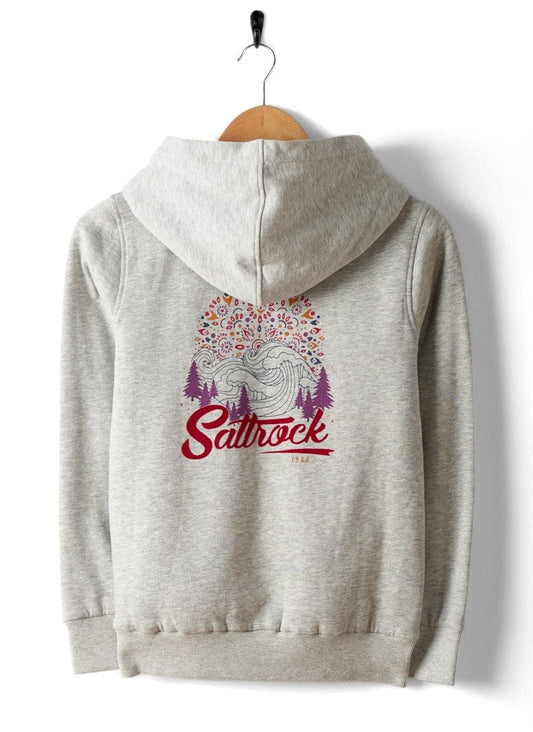 Saltrock kids fur lined hoodie in gray with colorful graphic design and logo on the back