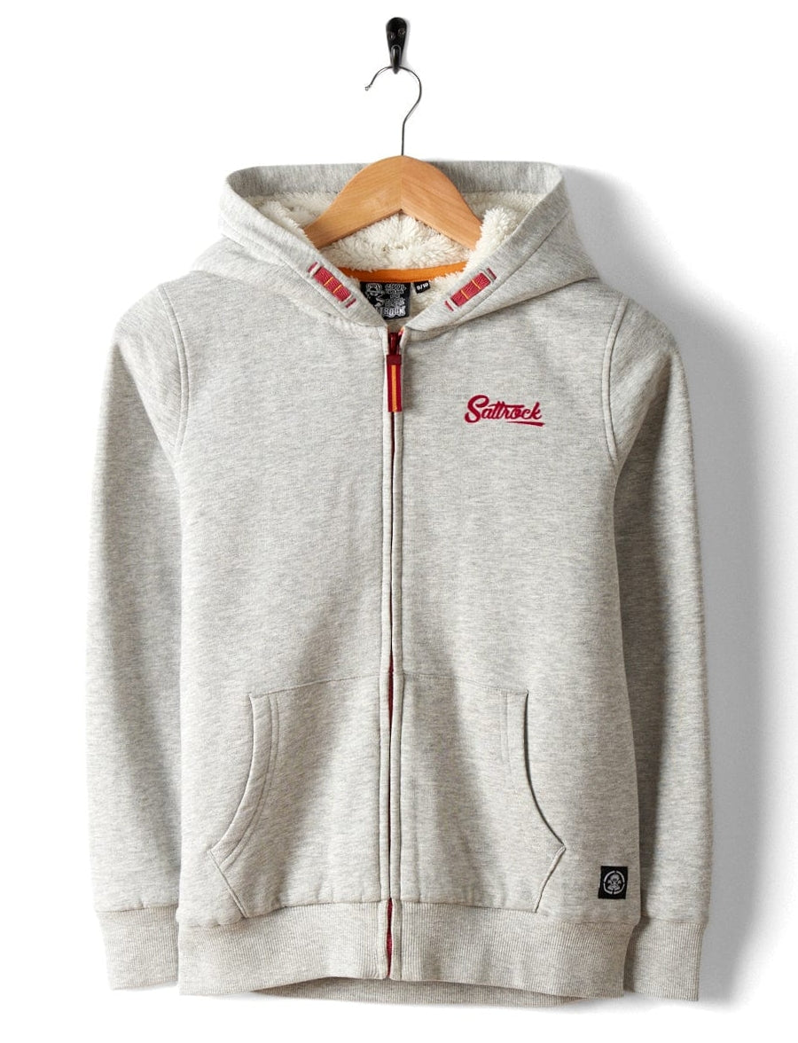 Saltrock kids fur lined hoodie in grey with front pockets and a zip closure