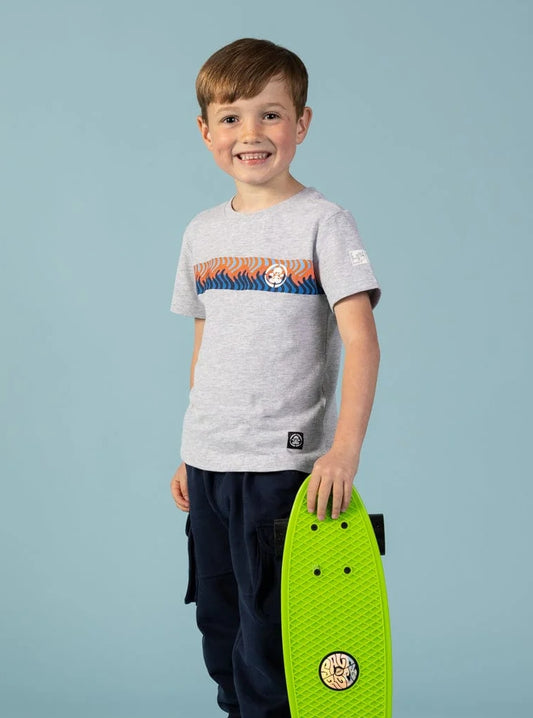 Saltrock kids grey stripe tee worn by smiling boy holding green skateboard