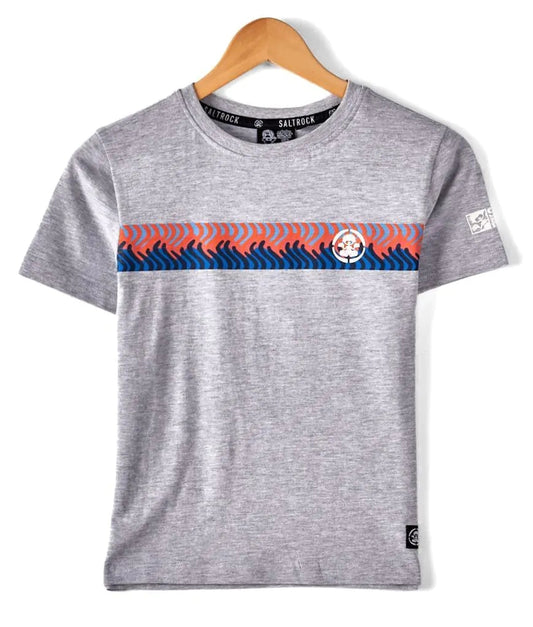 Saltrock kids grey stripe tee with blue and orange wave design on chest made from soft cotton
